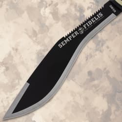 Blade of USMC kukri knife with 'Semper Fidelis' text