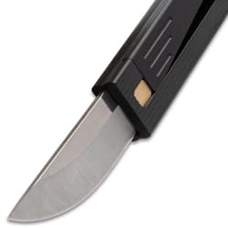 Close-up of the knife's silver blade and black handle