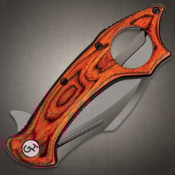 Folding knife with red wood handle in closed position