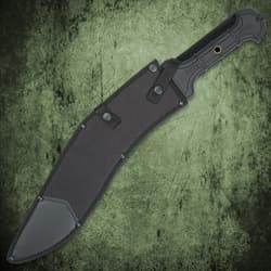 Black sword in a nylon sheath on a green textured background