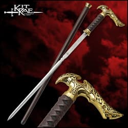 Full image of the Kit Rae Axios Gold Forged Sword Cane and scabbard.