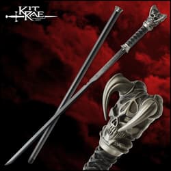 Full image of the Kit Rae® Black Vorthelok Forged Sword Cane and wooden shaft.