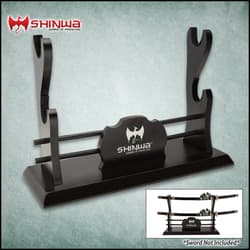 Shinwa black two-tier sword stand shown with and without swords.