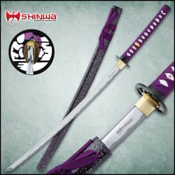 The Shinwa Royal Defender Katana's tsuba, scabbard, blade and full length