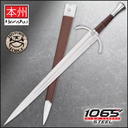 Honshu 1065 high carbon steel sword with wooden handle wrapped in brown leather attached to polished handguard