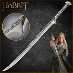 The Hobbit Sword of Thranduil is shown held by the character and with vine and leaf symbols engraved along the hilt.