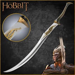 The Hobbit Mirkwood Infantry Sword shown with bronze-finished metal hilt atop brown cloths and a map next to a movie still.