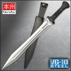 Honshu gladiator sword with VG-10 steel blade with black tpr handle near zoomed view of sword in a genuine leather belt sheath