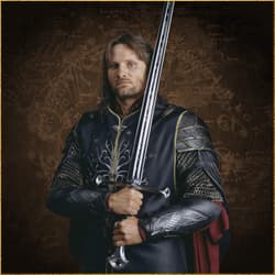 The Lord of the Rings character King Elessar of Gondor is shown in battle with the Anduril sword.