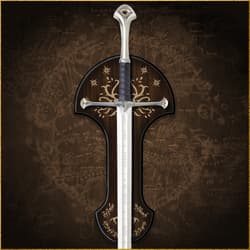 Close up detailed image of the pommel, handle, and hilt of King Elessar's Anduril Sword Replica