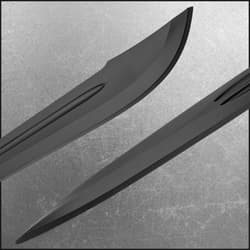 Close up image of the blades on the Singlehand Broadsword and Messer Training Sword included in the Medieval Knights Package.