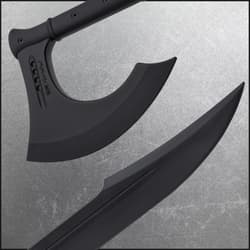 Close up image of the blades pn the Training Sword and Training Battle Axe included in the Tactical Arsenal Bundle.