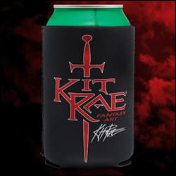 A can is shown inside a black koozie printed with red Kit Rae logo with sword image and Kit Rae’s signature in white.