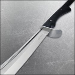 The impressive naginata is 67” in overall length and it comes with a leather blade sheath with a snap strap closure