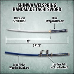 Shinwa Wellspring Handmade Tachi / Samurai Sword - Hand Forged Damascus Steel - Historical Katana Predecessor - Traditional Wooden Saya - Functional, Battle Ready, Full Tang