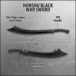 A man wearing tactical gear is shown holding the black Honshu war sword.