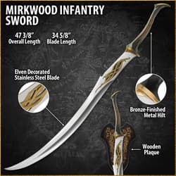 The Elven blade is made of stainless steel and has cast metal ornamentation on the side.