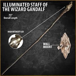 The Hobbit character Gandalf is shown holding the illuminated staff.