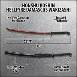 Honshu Boshin HellFyre Damascus Handmade Wakizashi Sword - Hand Forged HellFyre Damascus Steel, Exclusive Metallurgical Process - Full Tang, Modern Tactical - TPR Grip, Wooden Saya - 34"