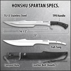 Honshu Spartan Sword And Sheath - 7Cr13 Stainless Steel Blade, Grippy TPR Handle, Stainless Steel Guard - Length 23”