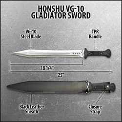 Angled view of honshu sharp gladiator sword with VG-10 steel blade standing at 18 1/4 inches in length