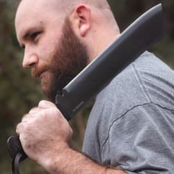 The machete is 18 1/4” and made of heat forged 1090 carbon steel with a black cord wrapped handle.