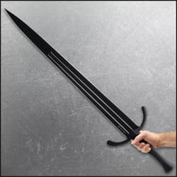 The 40” overall single-hand sword slides smoothly into a premium black leather scabbard with metal accents