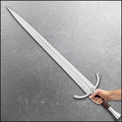 Honshu 1065 high carbon steel sword with wooden handle wrapped in brown leather attached to polished handguard