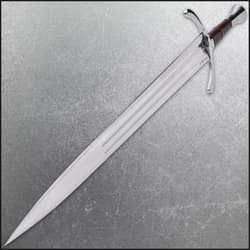 Angled Honshu sword stainless steel edge extended from polished handguard and wooden handle wrapped in brown leather