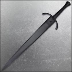 It has a sharp 30 4/5”, 1065 high carbon steel blade with a black finish, which extends from a polished black handguard