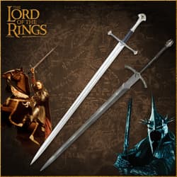 Two swords from Lord of the Rings with characters in the background
