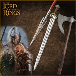 Collage of Rohan warriors and weapons on a map background
