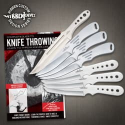 Knife throwing guide with six knives displayed