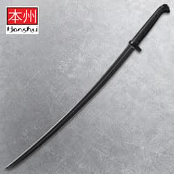 Black katana with textured handle on a gray background