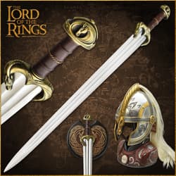 Sword and helmet from The Lord of the Rings with intricate designs