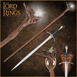 Collection of Gandalf's staff and Glamdring sword on map background