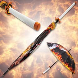 Multiple images showing a close up angle of the handle and full angles of the Demon Slayer Rengoku Umbrella opened and closed.