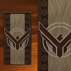 Brown and tan banner with geometric design on orange background
