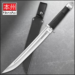 United Cutlery Honshu Tanto Knife has a stainless steel blade with blood groove and TPR grip, shown on a background of weapons.