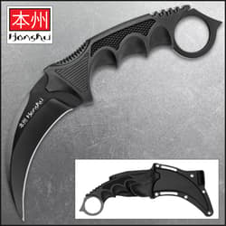 United Cutlery Black Honshu Karambit has a 7Cr13 stainless steel curved blade, over-molded TPU handle, and shoulder harness sheath.