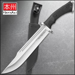 The Honshu Conqueror Bowie Knife has a 10 7/8” 7Cr13 stainless steel blade with blood grooves and textured TPR handle, shown on tactical background.