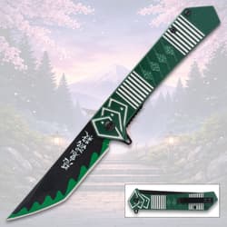 Green and black pocket knife with Japanese text