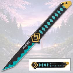 Anime-inspired knife with teal and black design, mountain background