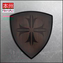 Wooden shield with black cross emblem and Honshu logo