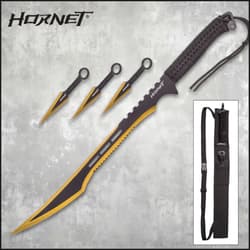 Set of golden ninja sword and kunai with sheath