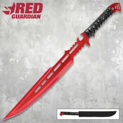 Red fantasy sword with black handle on textured background