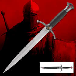 Silver dagger with black handle on red knight background