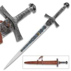 Decorative sword with intricate hilt and sheath