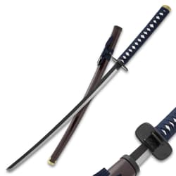 Katana with blue handle and brown scabbard