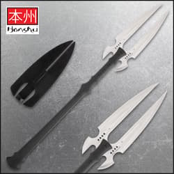 Double-headed spear with sheath on textured surface